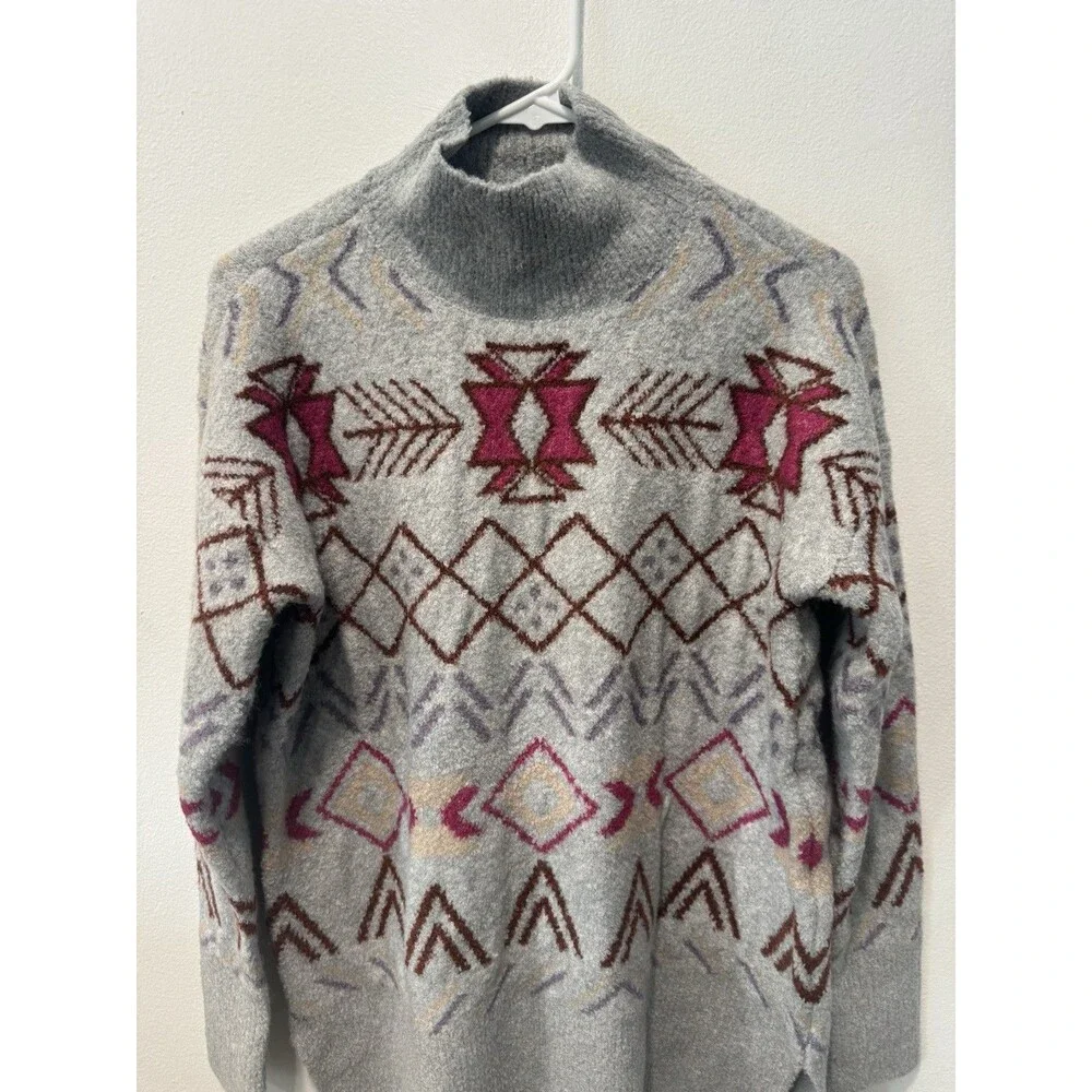 Lou & Grey Fair Isle Tunic Sweater Women's M Pebble Grey Heather Mock Neck NWT